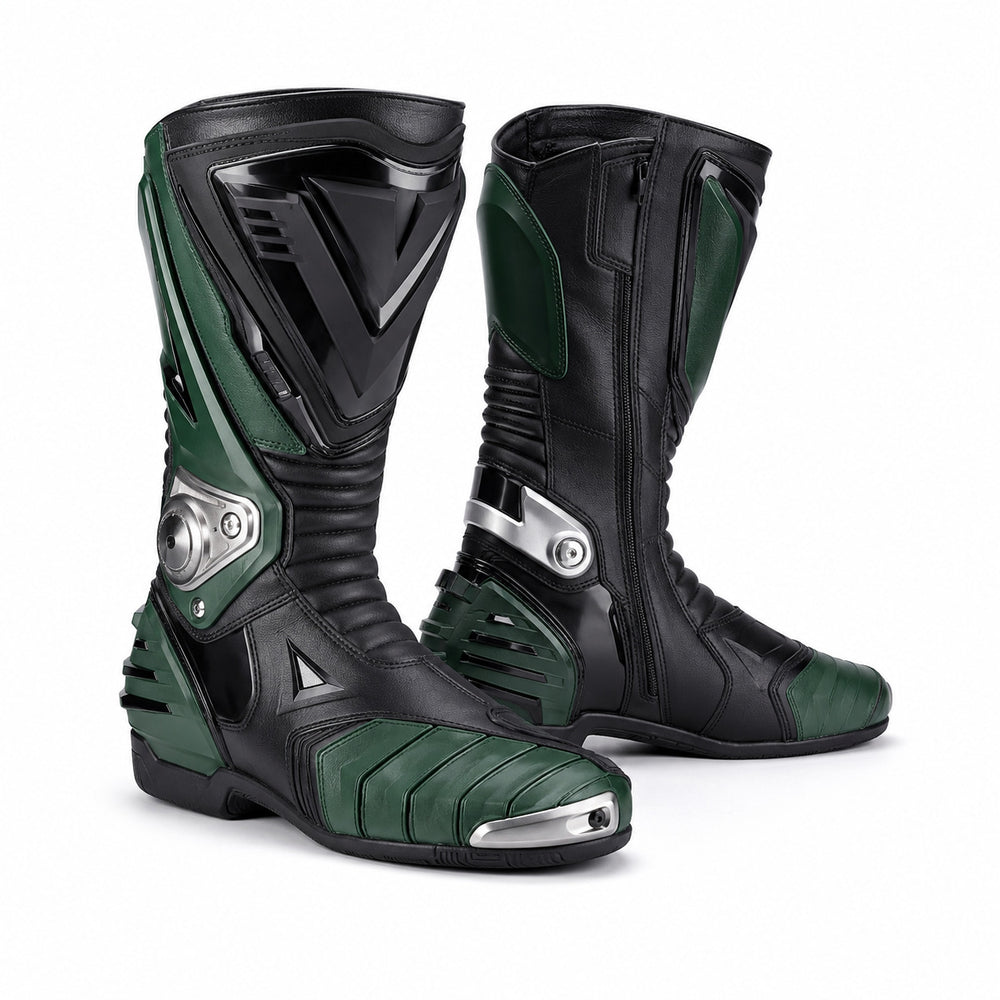 Emerald Vector Green Racing Motorcycle Boots – hero – Emerald Green / Black / Silver