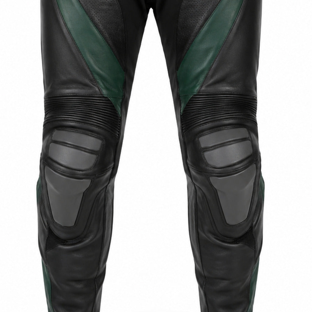 Emerald Vector Leather Motorcycle Racing Pants knee panels leather and stitching detail