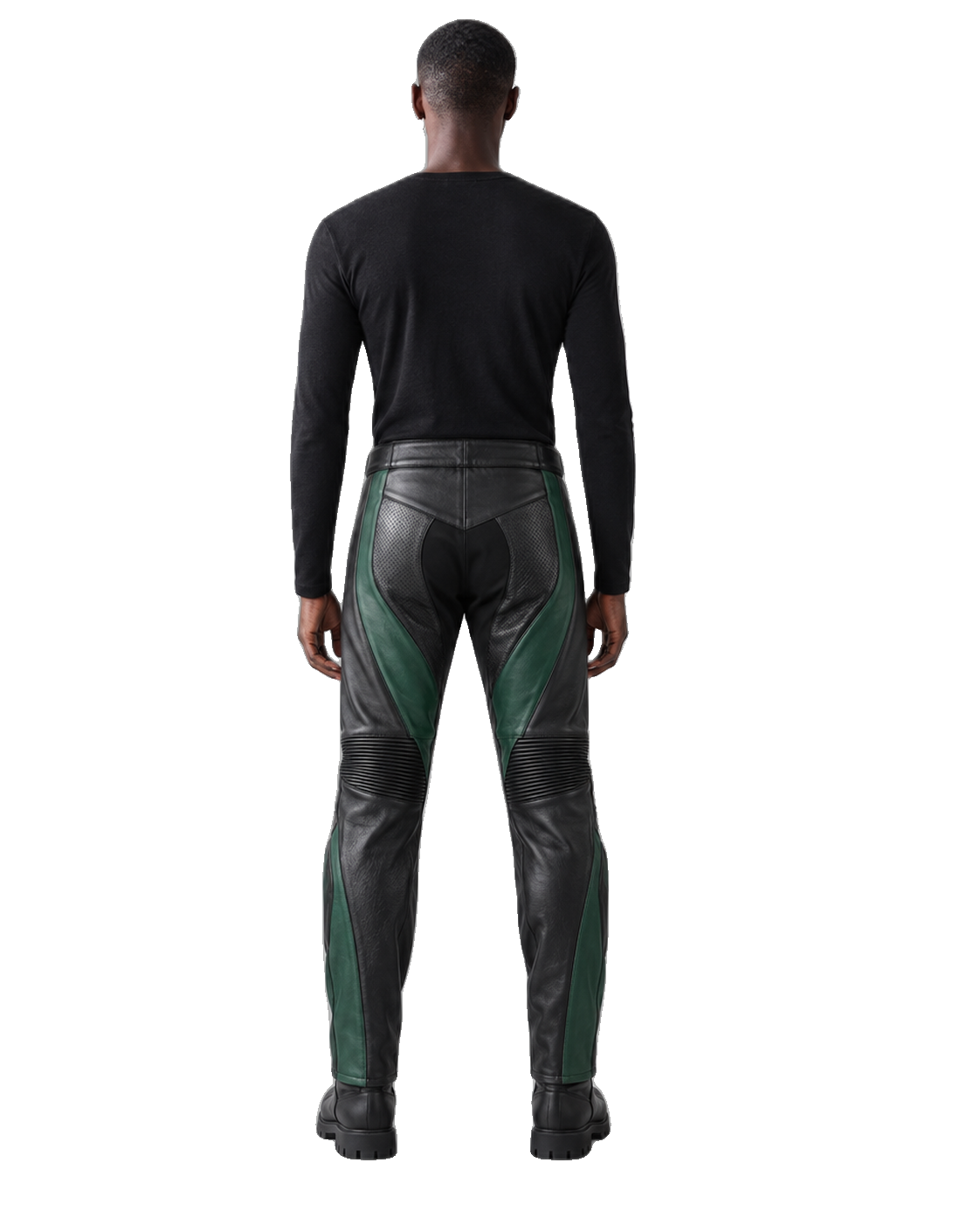 Emerald Vector Leather Motorcycle Racing Pants back view on male model transparent background