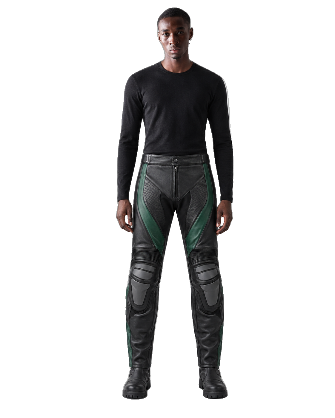 Emerald Vector Leather Motorcycle Racing Pants front view on male model transparent background