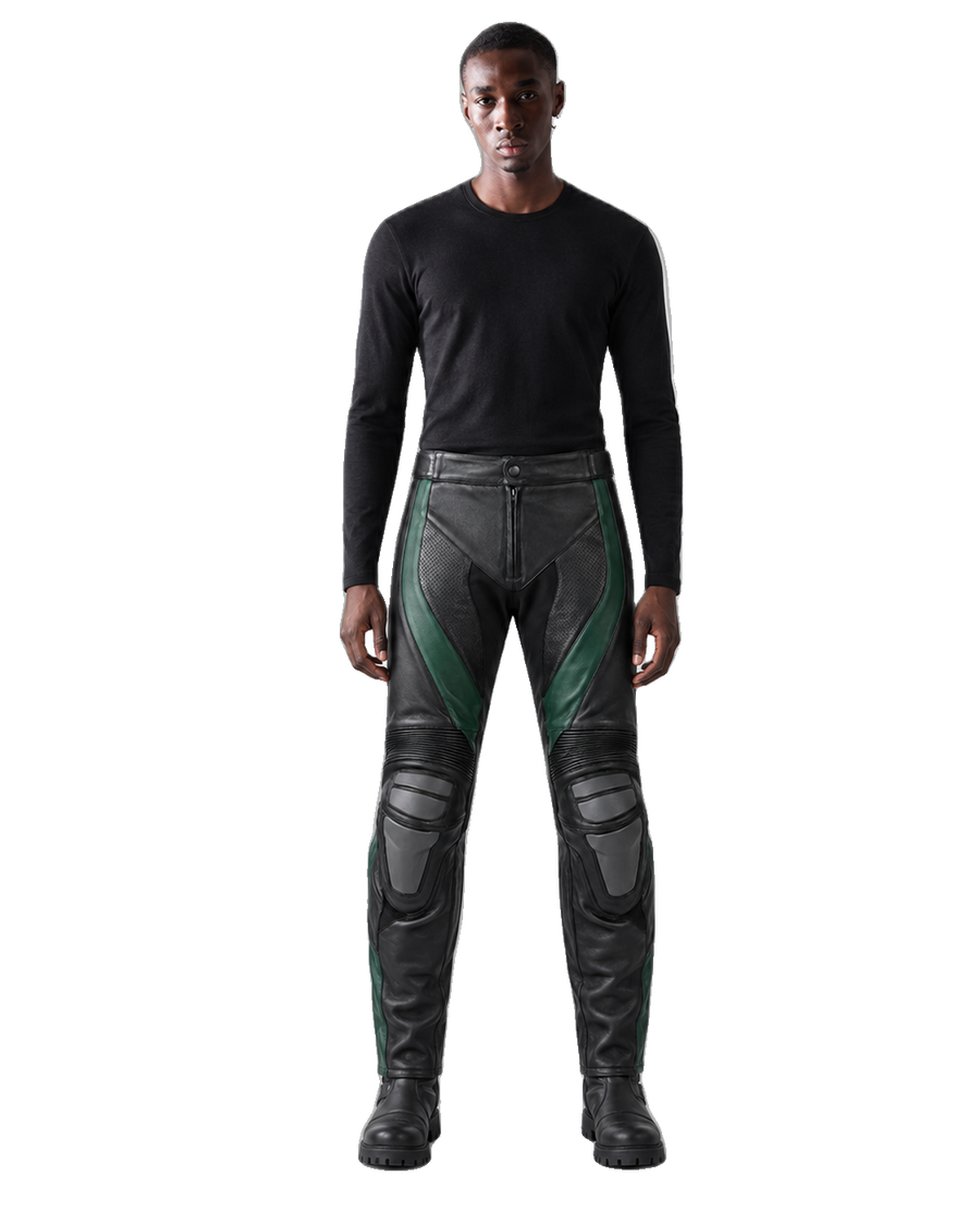 Emerald Vector Leather Motorcycle Racing Pants front view on male model transparent background