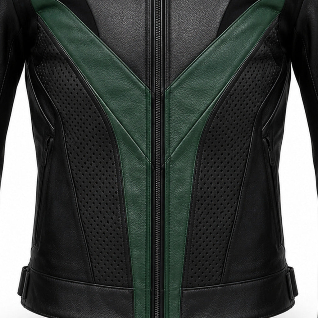Emerald Vector R Leather Motorcycle Racing Jacket leather panels stitching and hardware detail