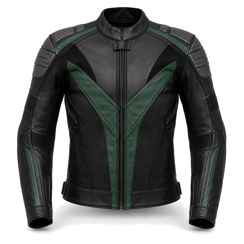 Emerald Vector R original green leather racing jacket front view