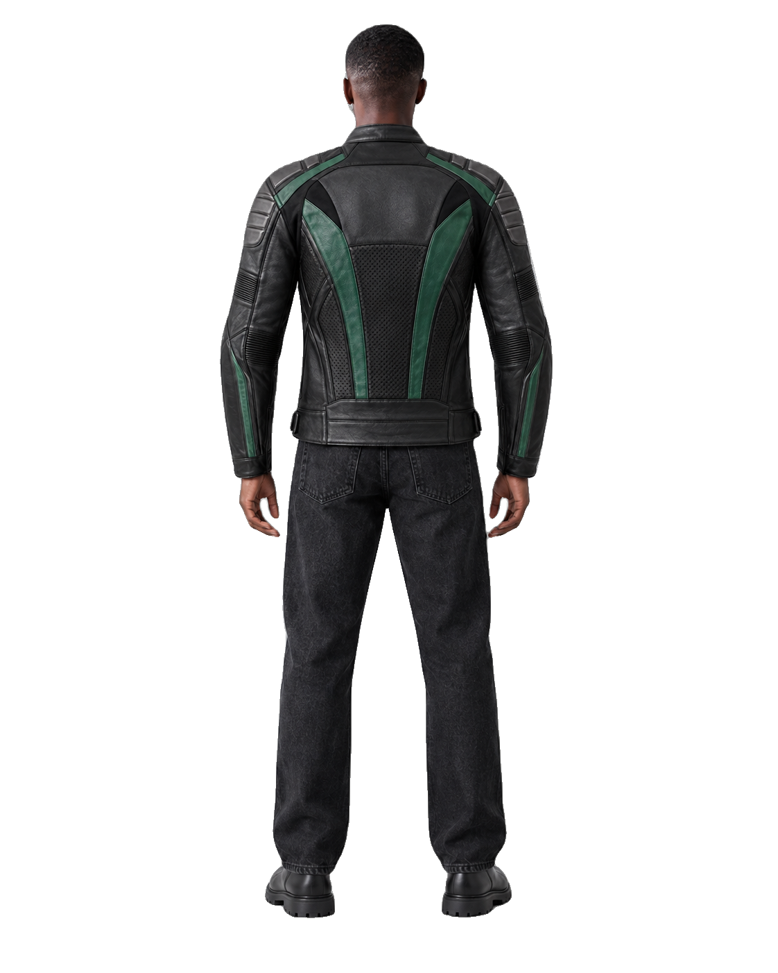 Emerald Vector R Leather Motorcycle Racing Jacket back view on male model with transparent background