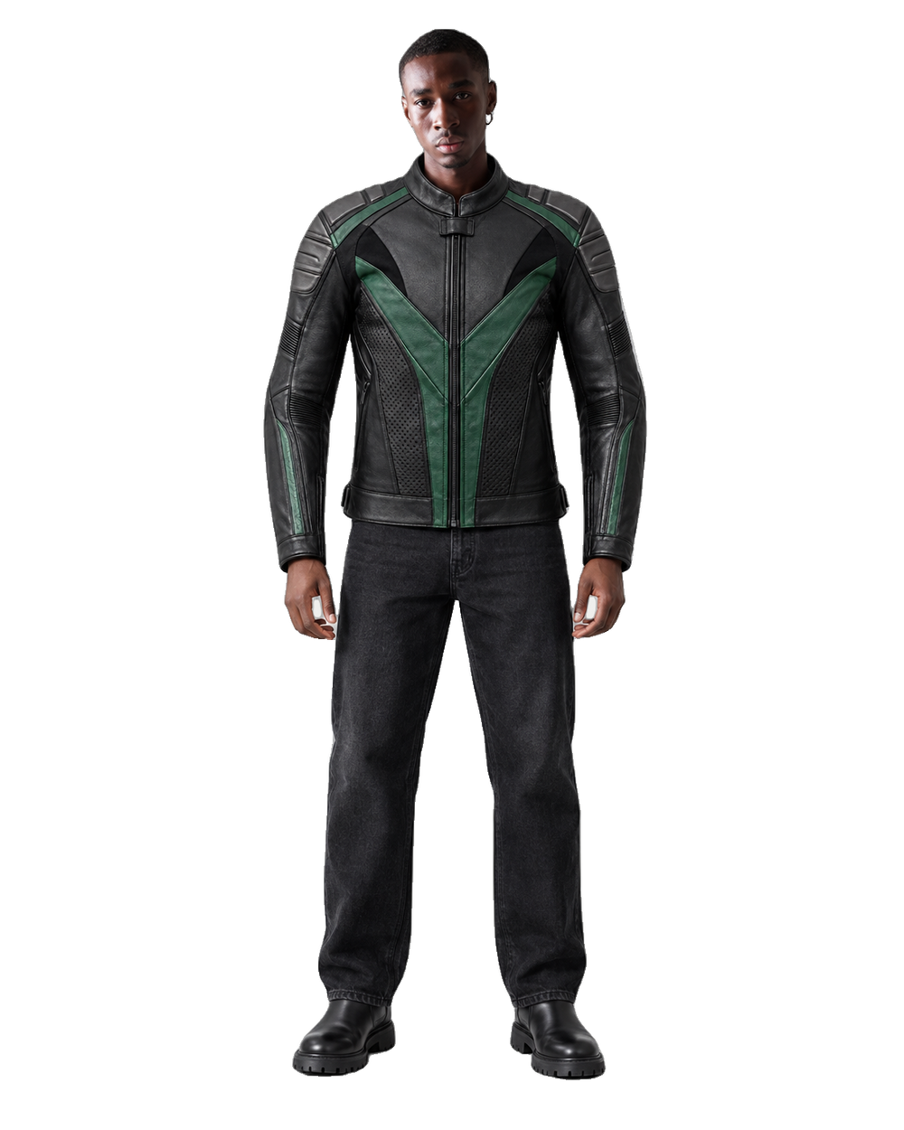 Emerald Vector R Leather Motorcycle Racing Jacket front view on male model with transparent background