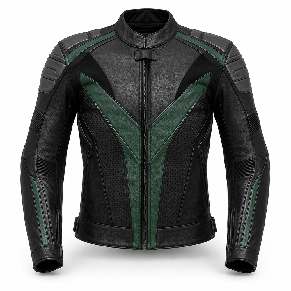 Emerald Vector R original green leather racing jacket front view