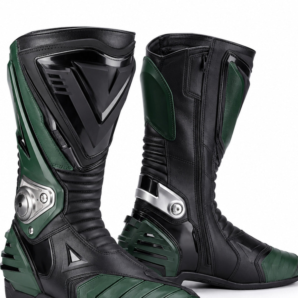 Emerald Vector Green Racing Motorcycle Boots – shin closure detail – Emerald Green / Black / Silver