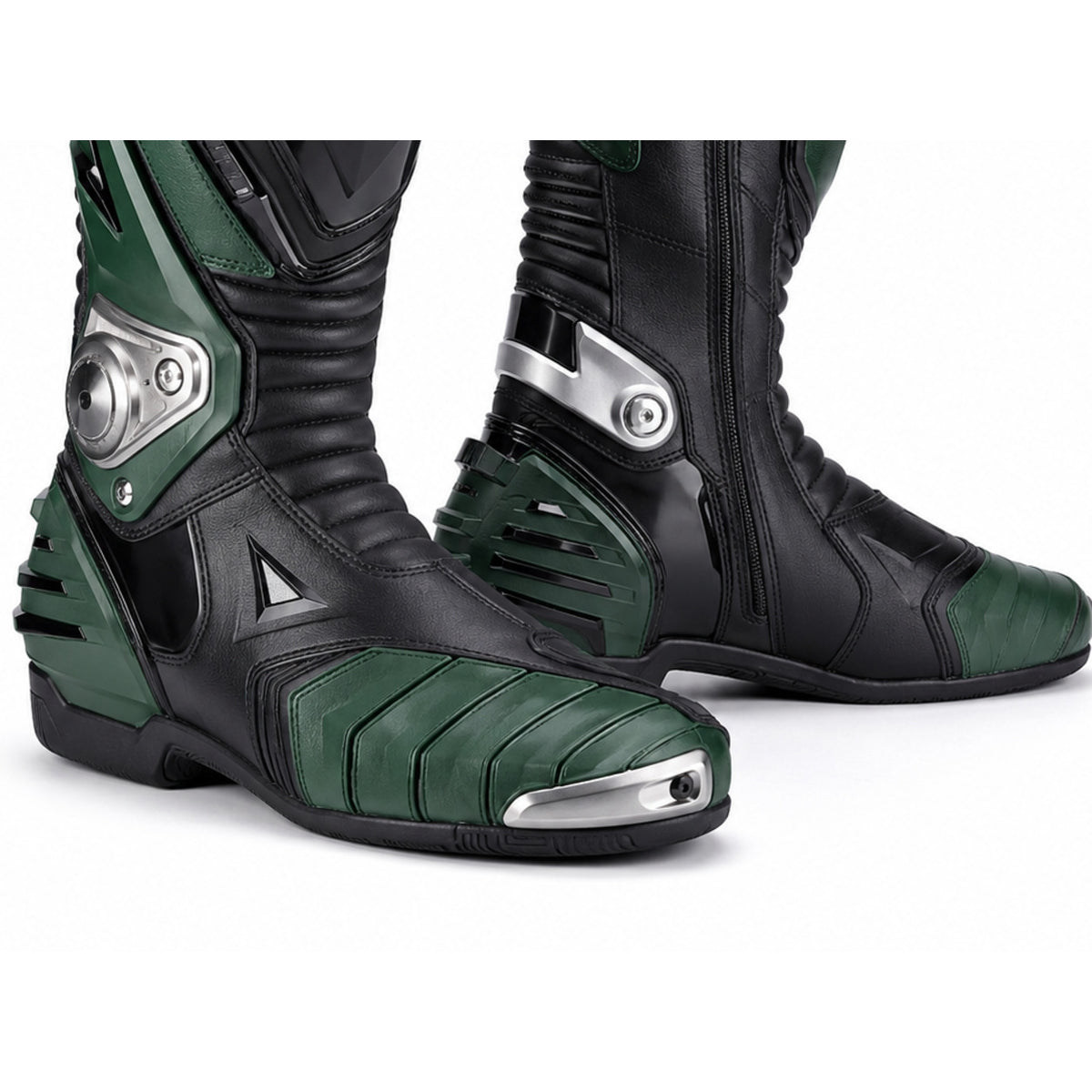 Emerald Vector Green Racing Motorcycle Boots – toe ankle sole detail – Emerald Green / Black / Silver
