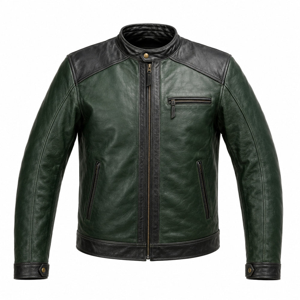 Forest Mile Green classic cruiser leather motorcycle jacket front hero view