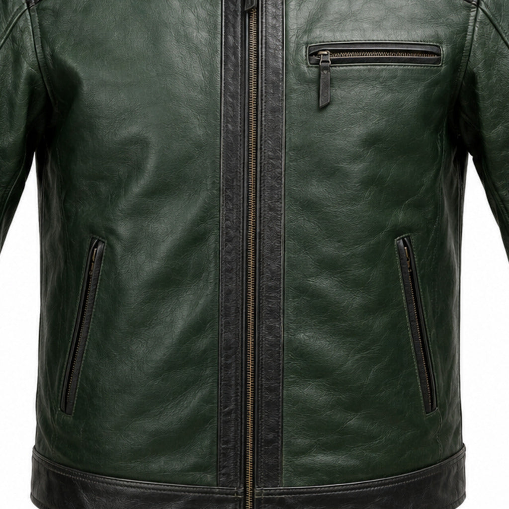 Forest Mile Green classic cruiser leather motorcycle jacket leather and hardware detail
