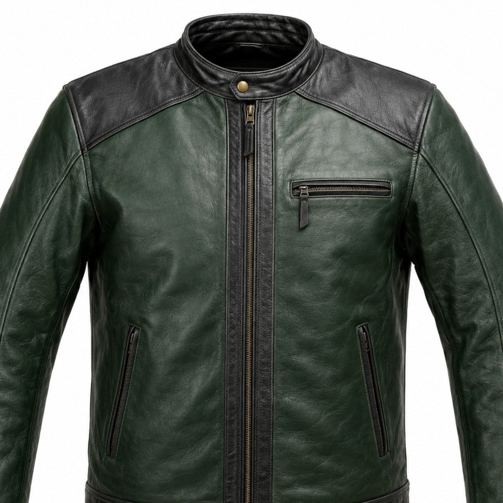 Forest Mile Green classic cruiser leather motorcycle jacket upper construction detail
