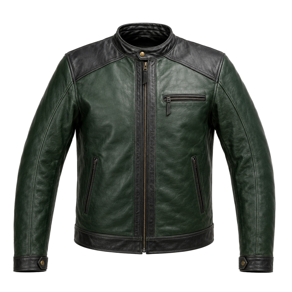 Forest Mile Green classic cruiser leather motorcycle jacket front hero view