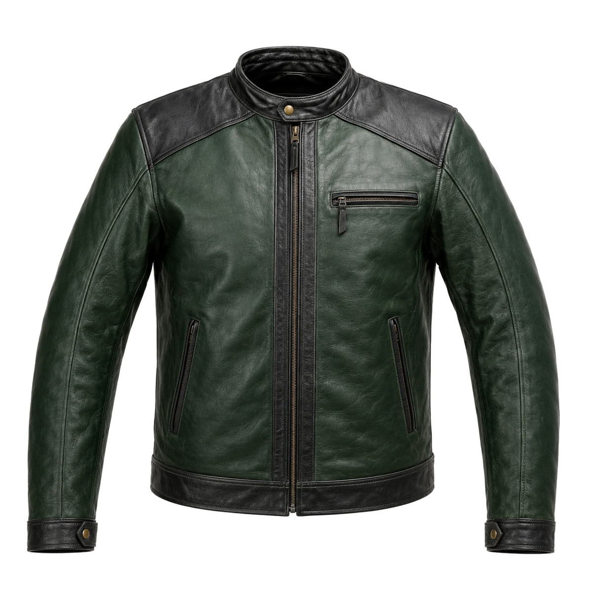 Forest Mile Green classic cruiser leather motorcycle jacket front hero view