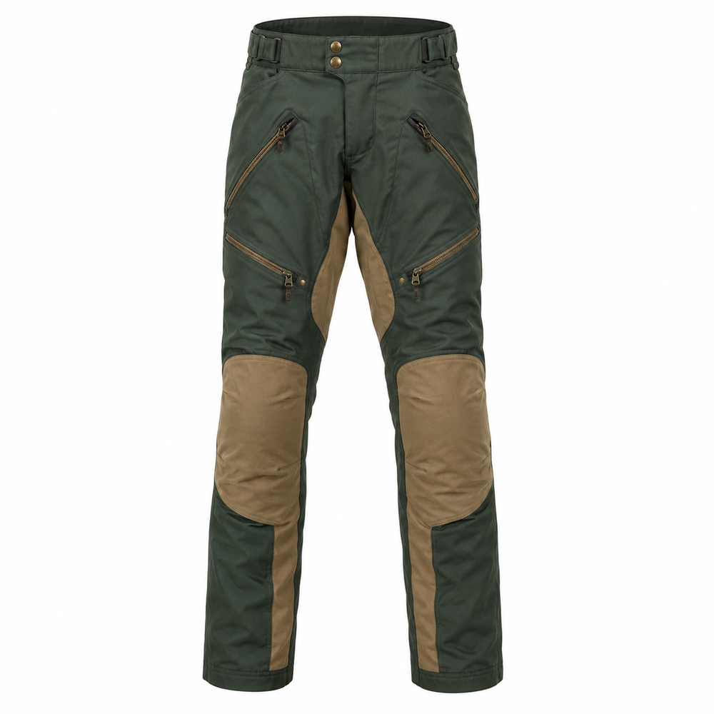 ForestTrek green tan waterproof textile motorcycle pants — full front catalog view