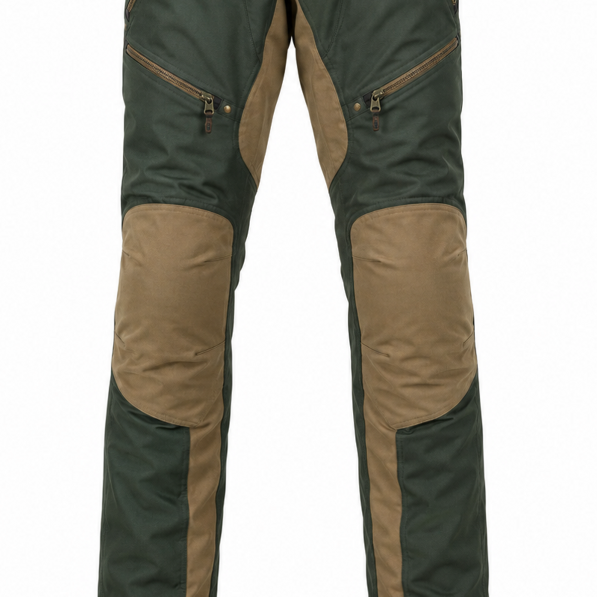 ForestTrek green tan waterproof textile motorcycle pants — knee, lower-leg and cuff detail