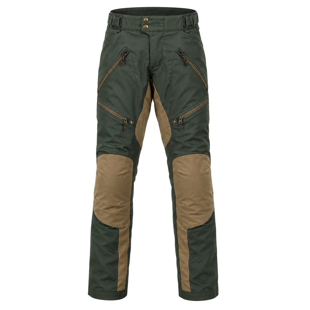 ForestTrek green tan waterproof textile motorcycle pants — full front catalog view