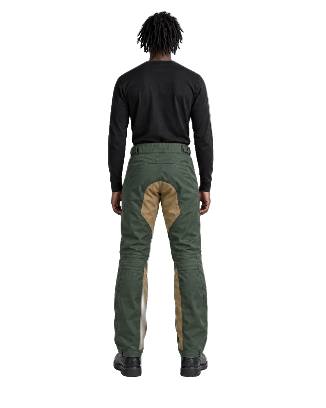ForestTrek Green Tan Waterproof Textile Motorcycle Pants back view on male model on transparent background