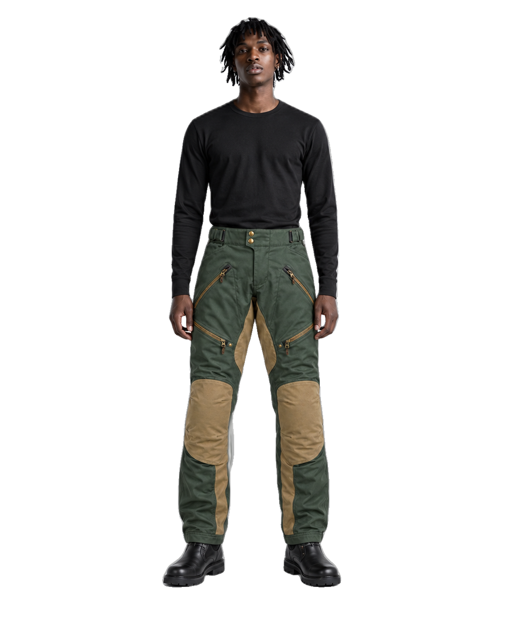 ForestTrek Green Tan Waterproof Textile Motorcycle Pants front view on male model on transparent background