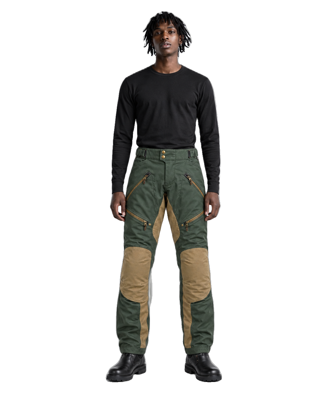 ForestTrek Green Tan Waterproof Textile Motorcycle Pants front view on male model on transparent background