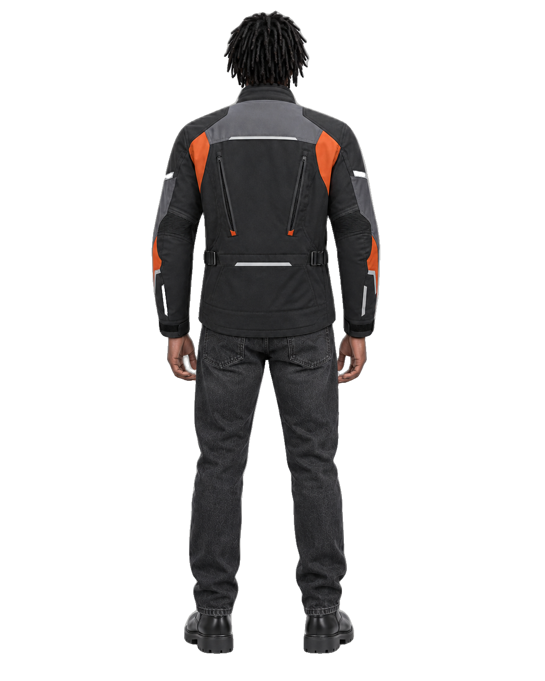 Frontier Shield All-Season Motorcycle Jacket back view on male model with transparent background