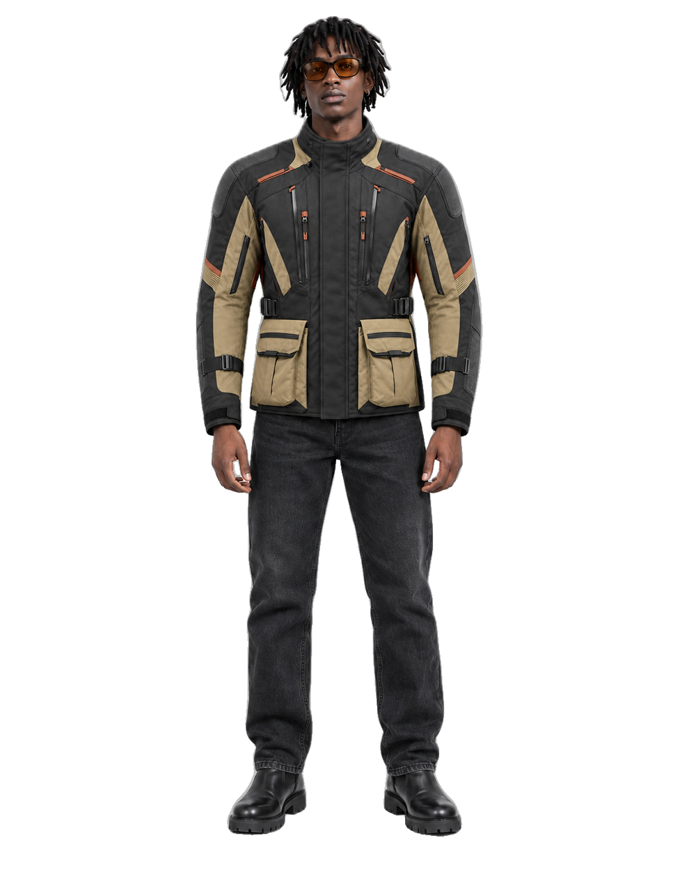 Frontier Shield All-Season Motorcycle Jacket front view on male model with transparent background