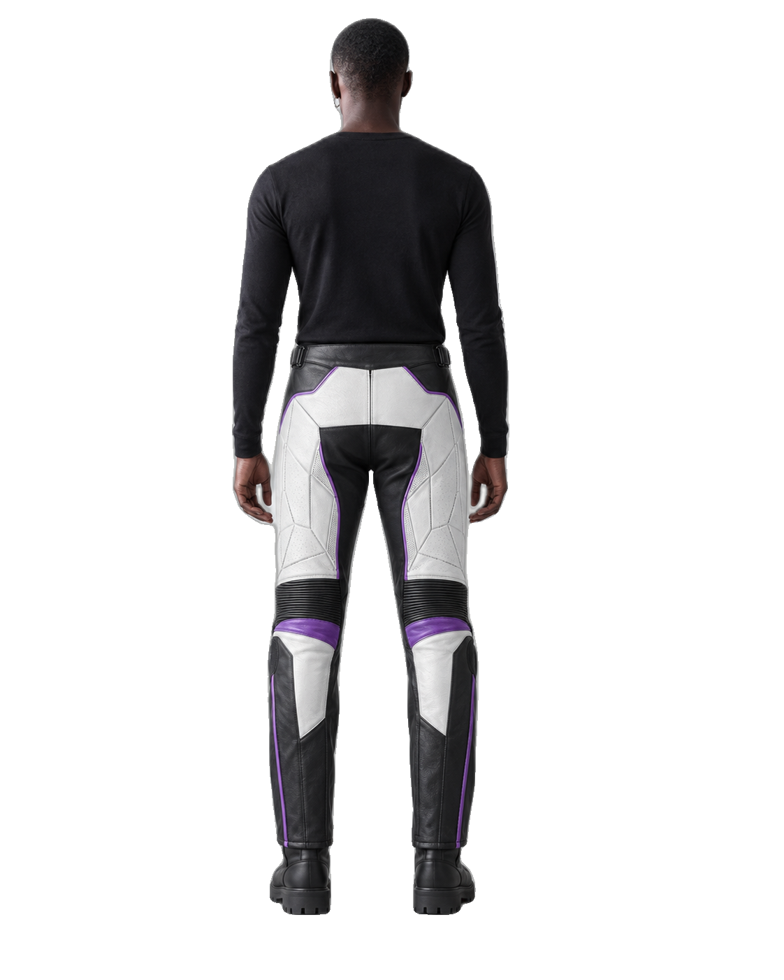 FrostByte Leather Motorcycle Racing Pants back view on male model transparent background
