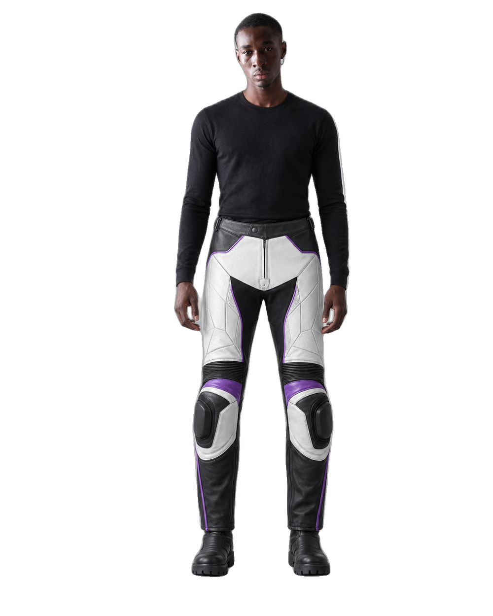 FrostByte Leather Motorcycle Racing Pants front view on male model transparent background