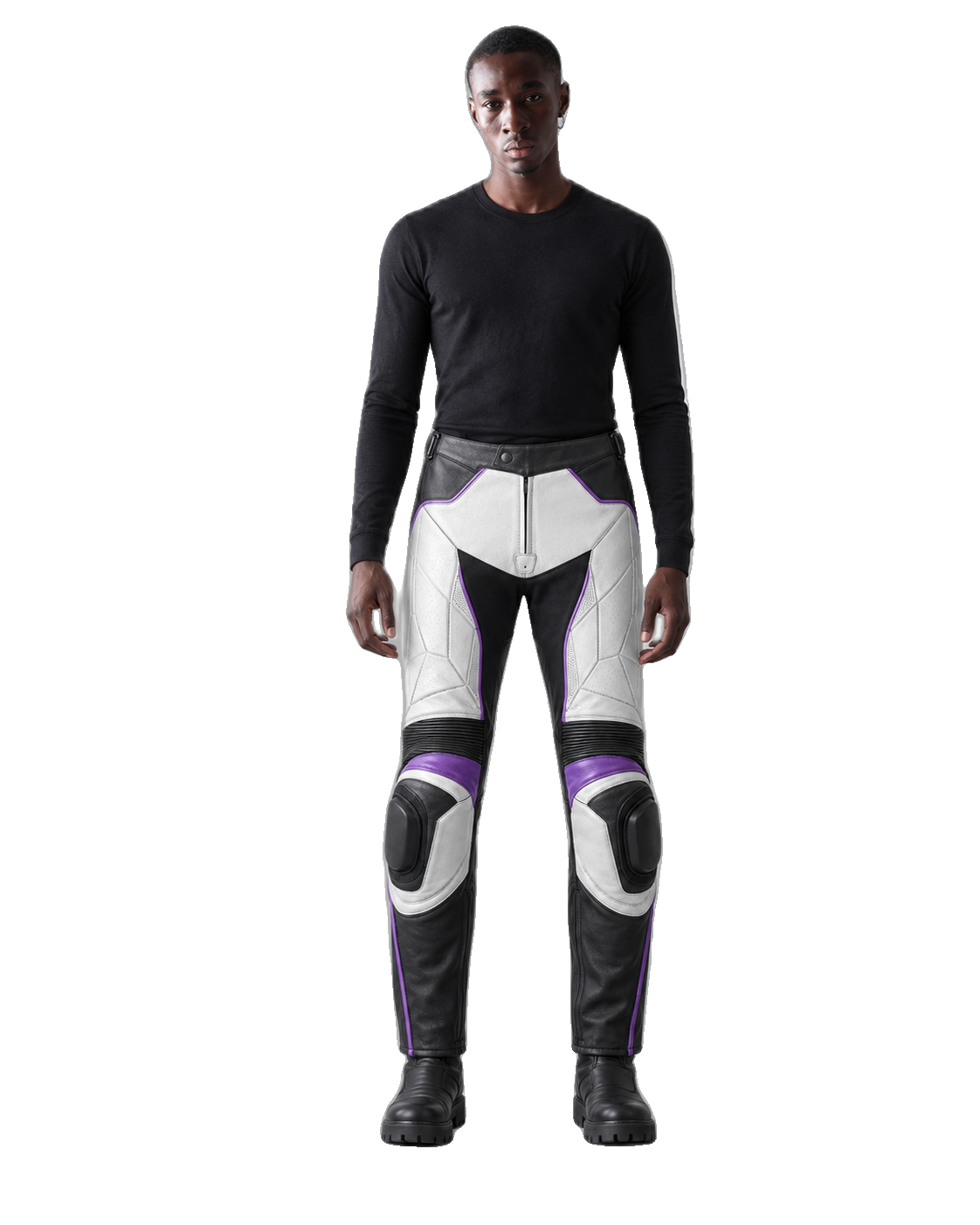 FrostByte Leather Motorcycle Racing Pants front view on male model transparent background