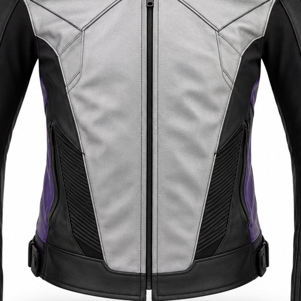 FrostByte R Leather Motorcycle Racing Jacket leather panels stitching and hardware detail