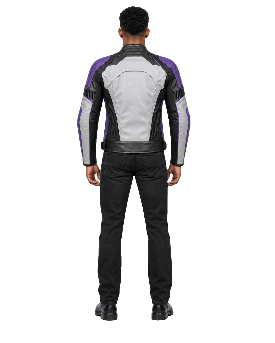 FrostByte R Leather Motorcycle Racing Jacket back view on male model with transparent background