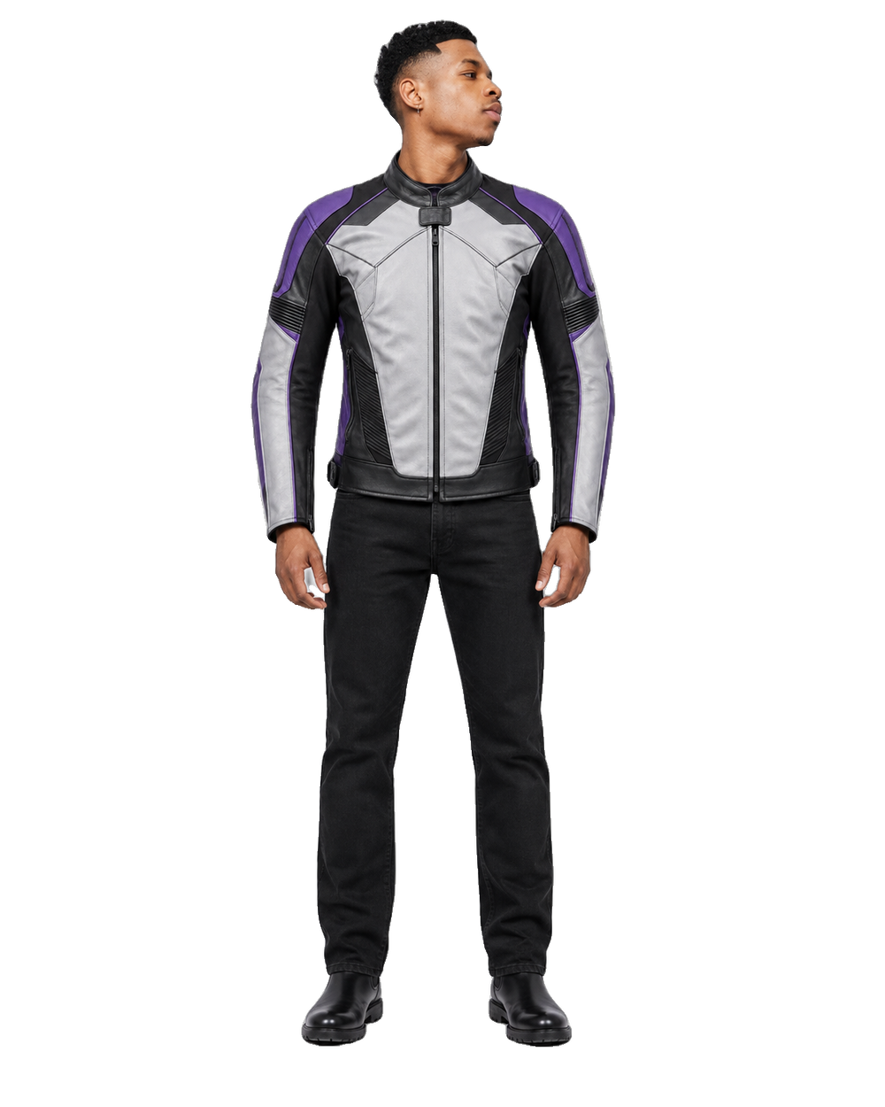 FrostByte R Leather Motorcycle Racing Jacket front view on male model with transparent background