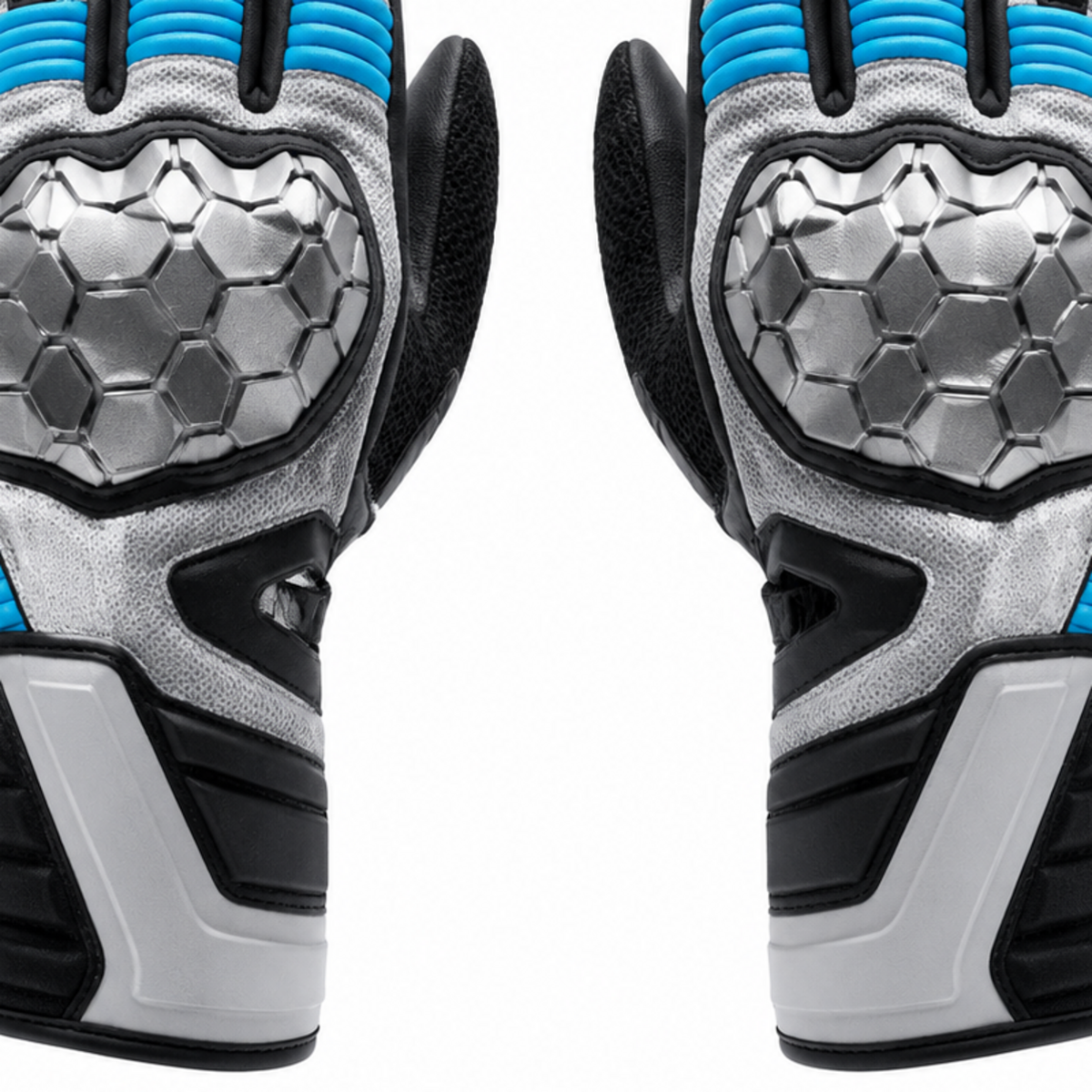 FrostHex silver cyan street motorcycle gloves — cuff and backhand construction detail