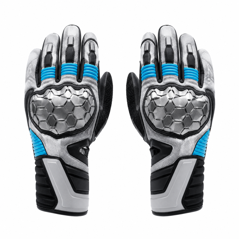 FrostHex silver cyan street motorcycle gloves — full pair hero view