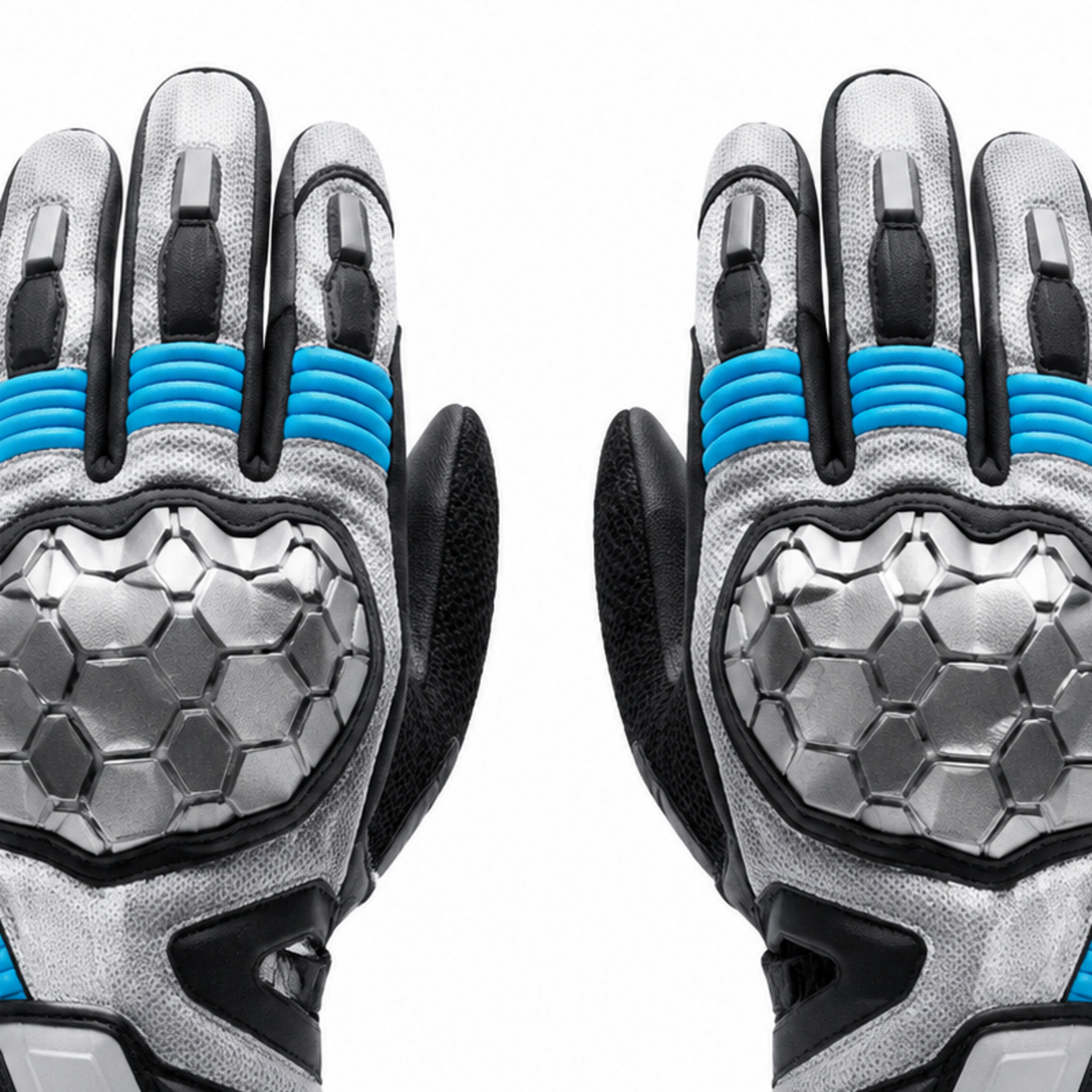 FrostHex silver cyan street motorcycle gloves — knuckle and finger construction detail