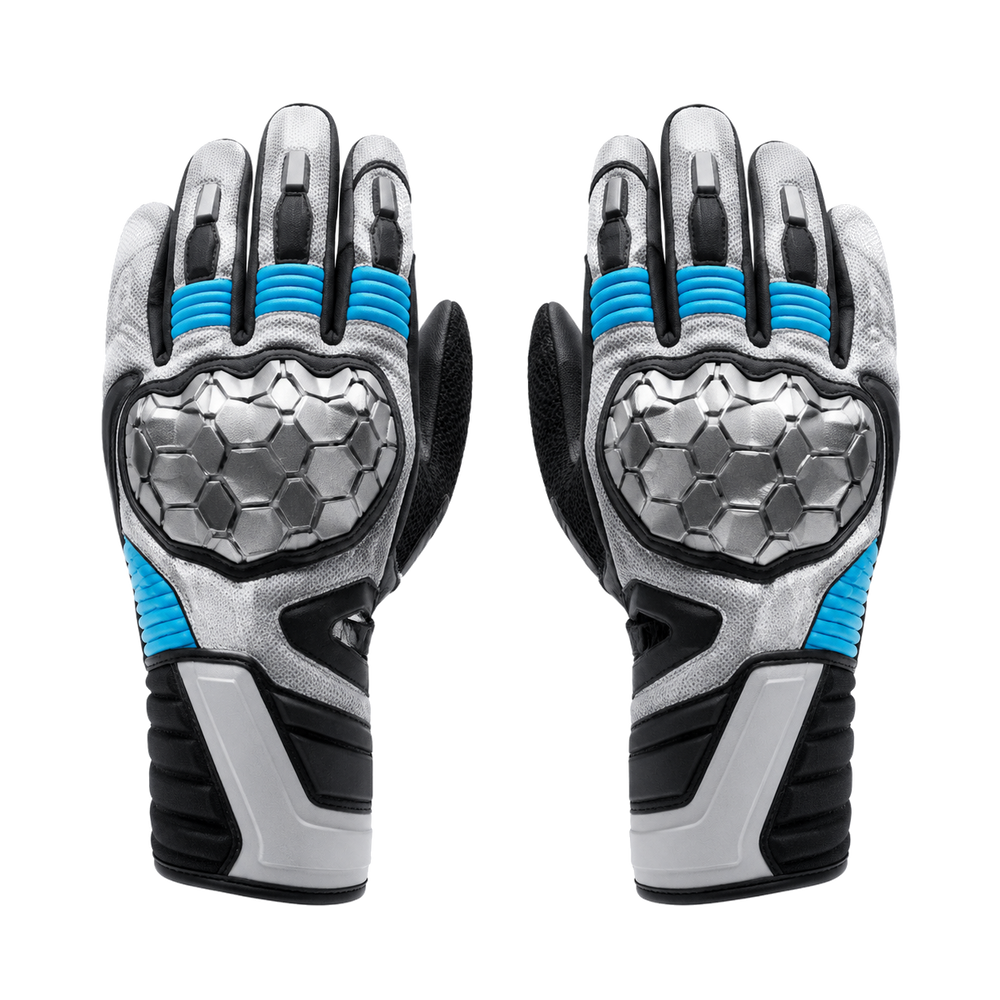 FrostHex silver cyan street motorcycle gloves — full pair hero view