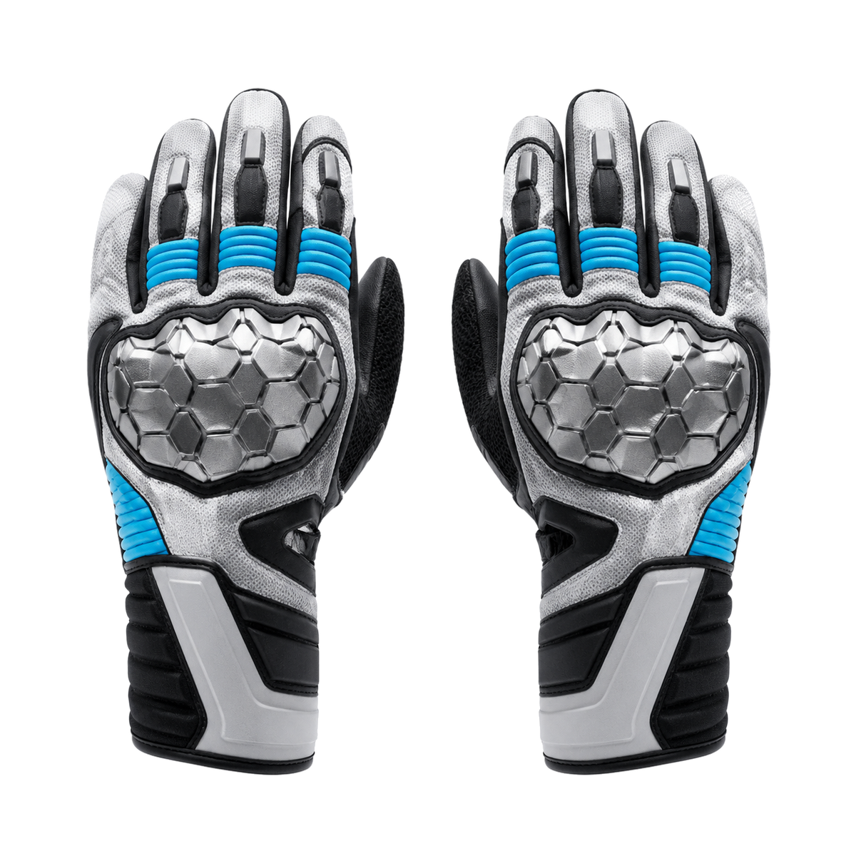 FrostHex silver cyan street motorcycle gloves — full pair hero view