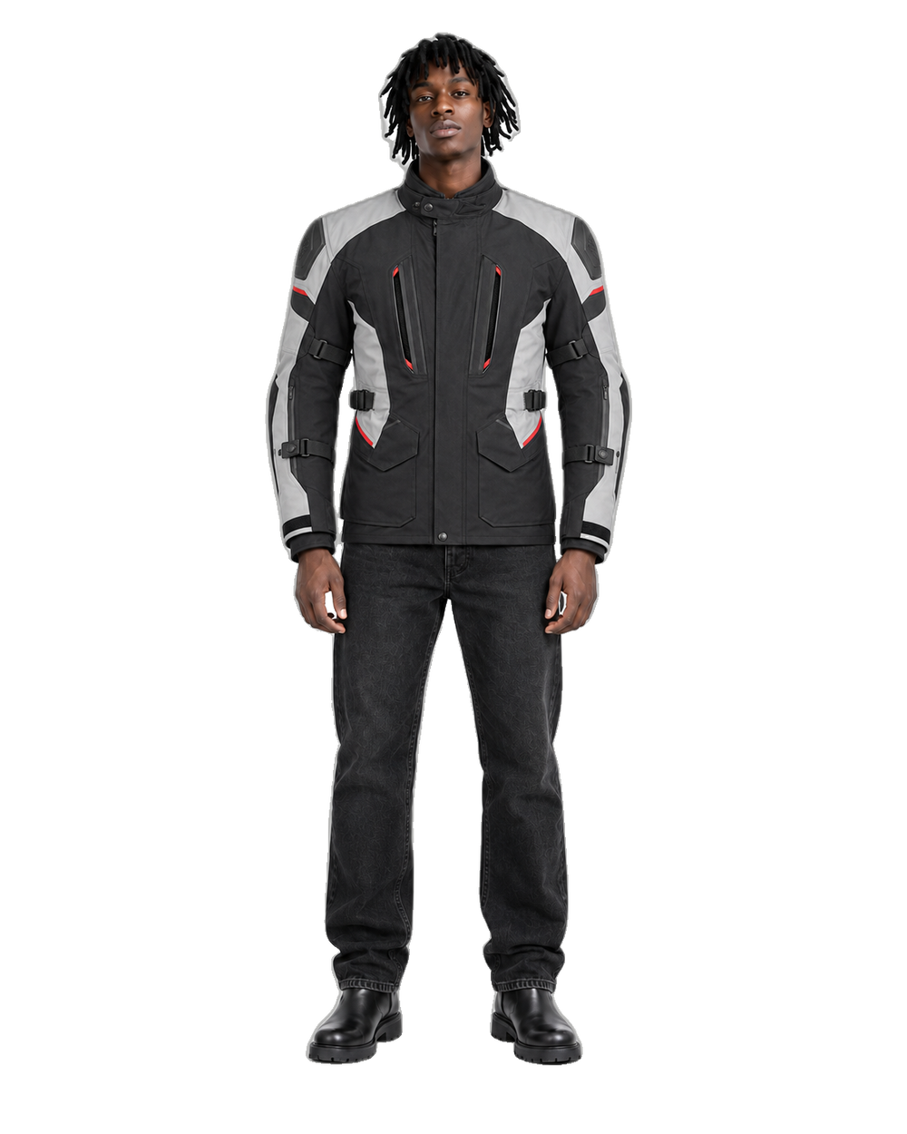 Glacier Route All-Season Motorcycle Jacket front view on male model with transparent background