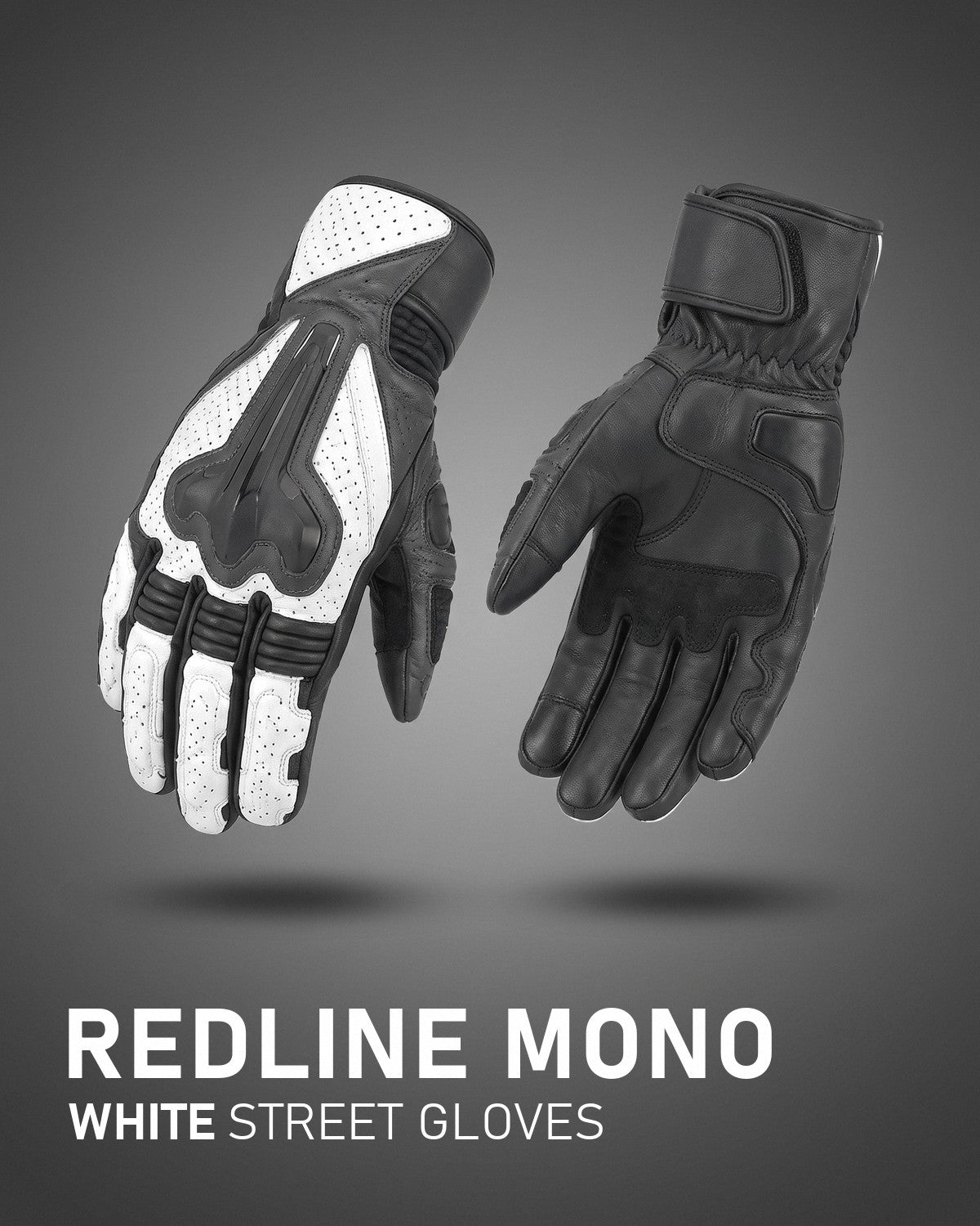 Redline Mono white street gloves on a grey studio gradient