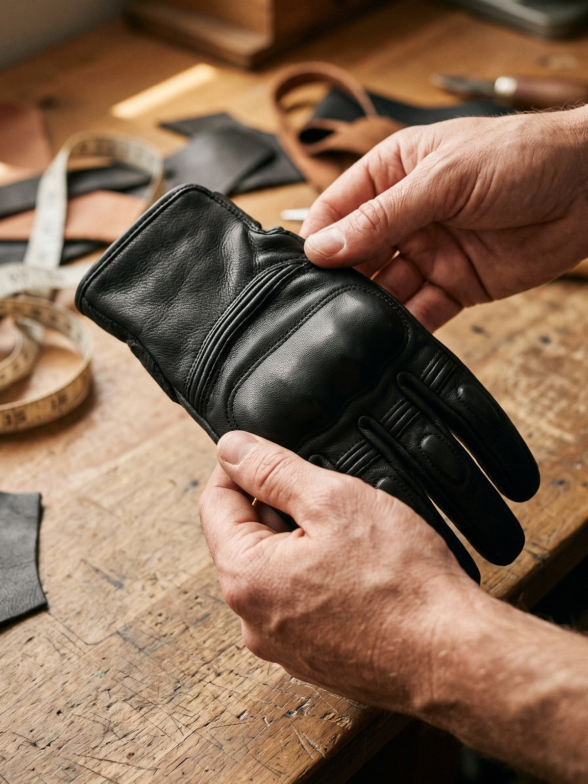 Craftsman inspecting a custom black leather motorcycle glove at a workbench