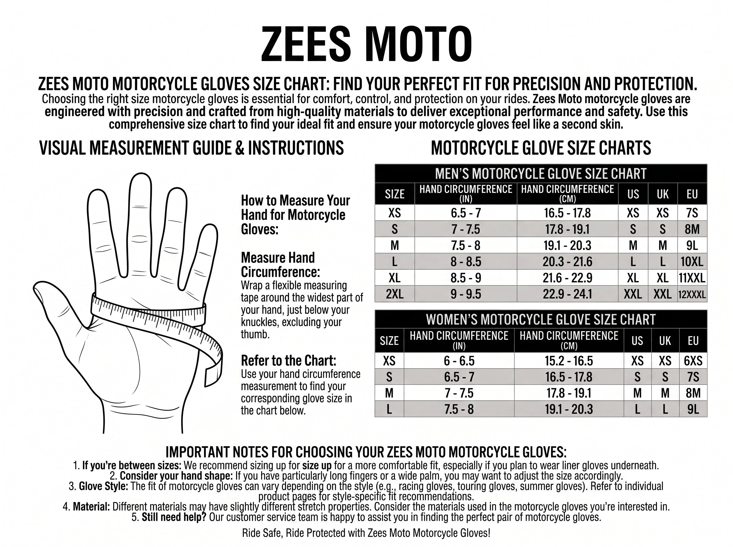 Motorcycle Gloves Size Guide