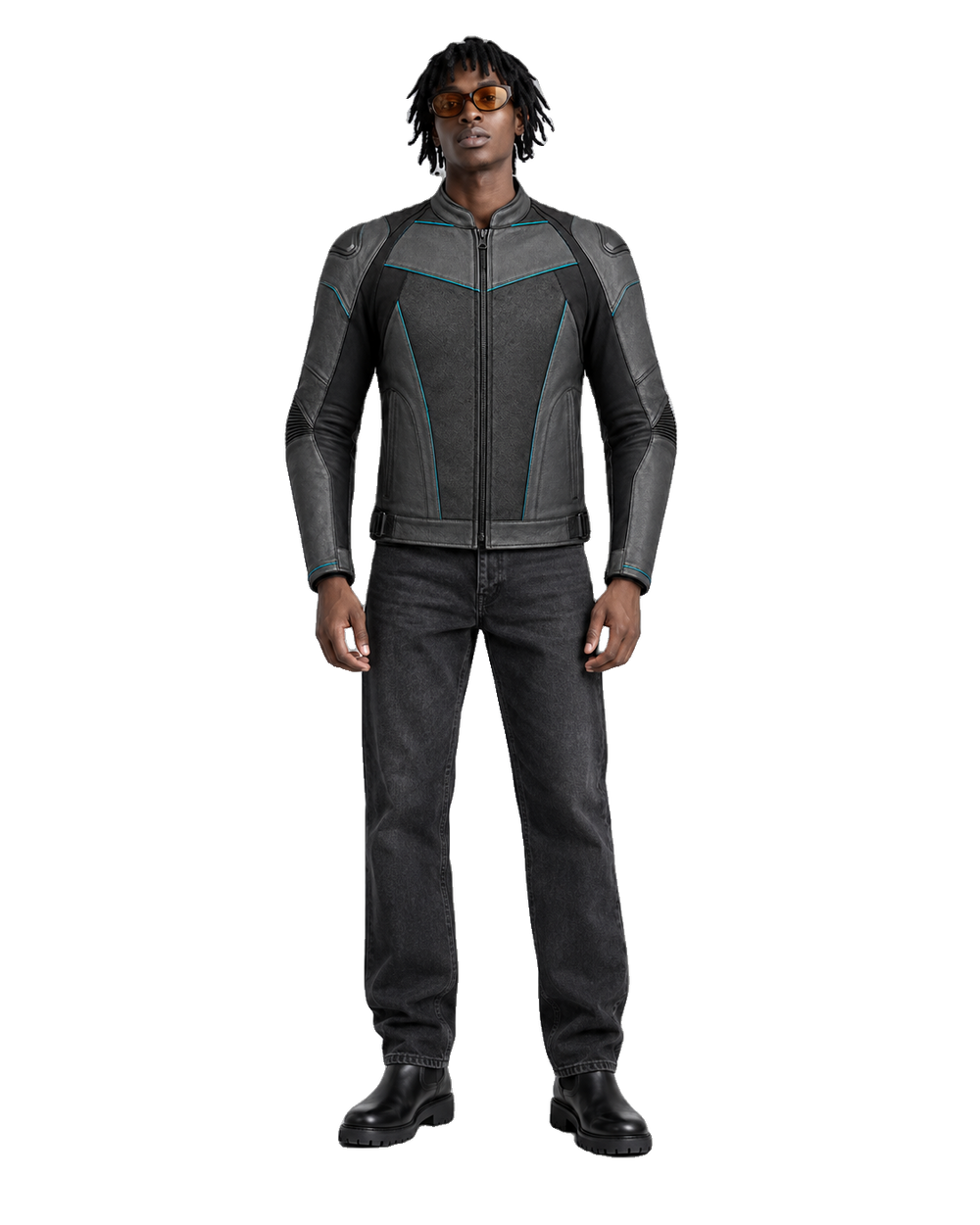 Graphene R Jacket Leather Motorcycle Racing Jacket front view on male model with transparent background
