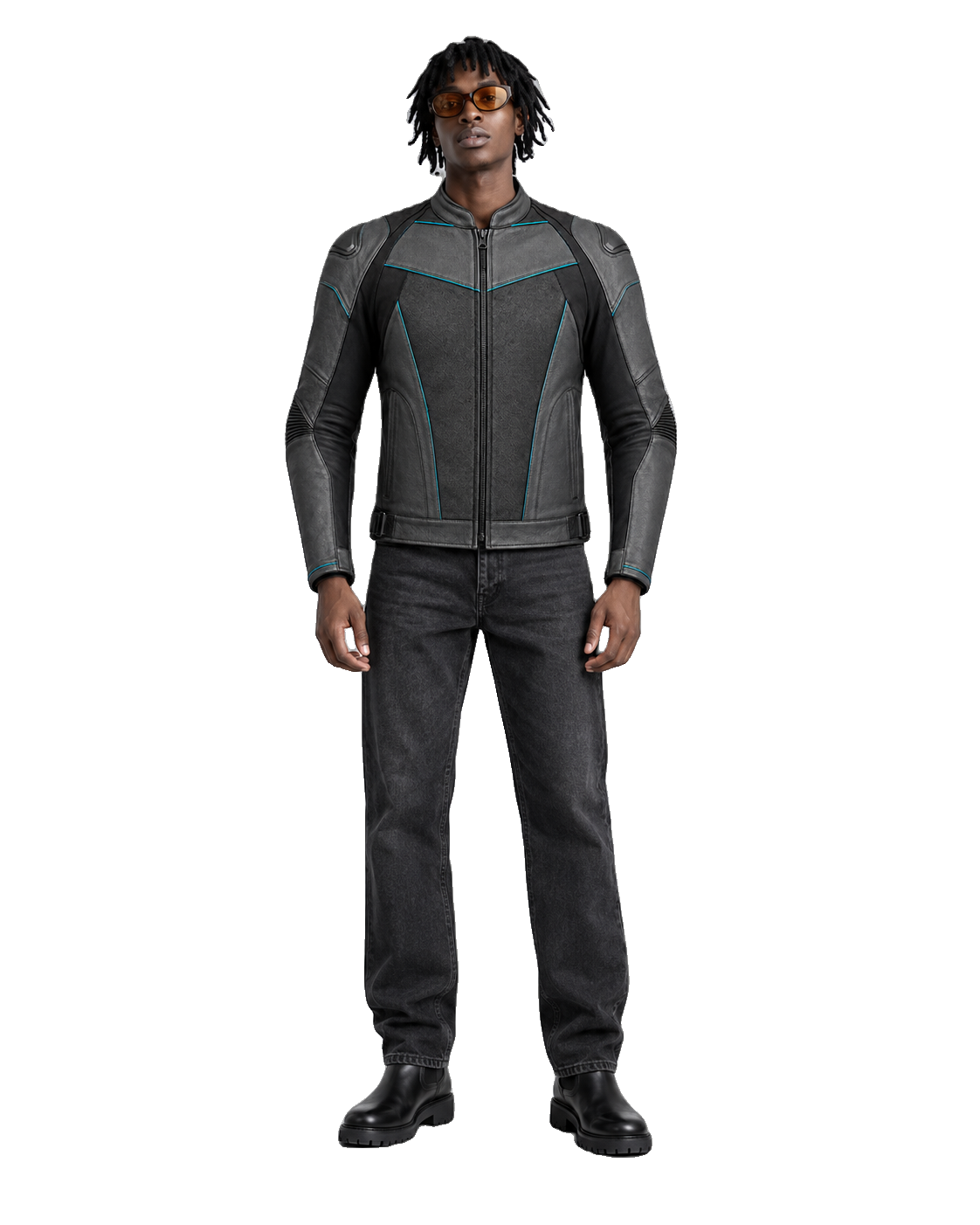 Graphene R Jacket Leather Motorcycle Racing Jacket front view on male model with transparent background