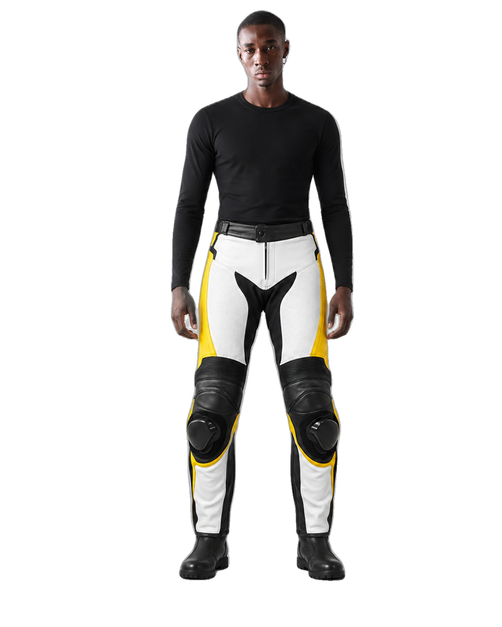 Graphene R Leather Motorcycle Racing Pants front view on male model transparent background