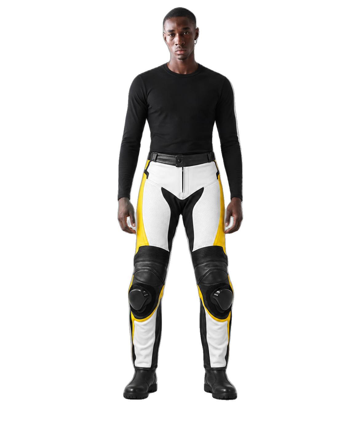 Graphene R Leather Motorcycle Racing Pants front view on male model transparent background