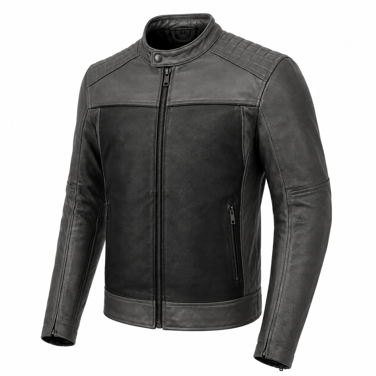Graphite Grid Quilted-Shoulder Leather Jacket three-quarter leather detail view