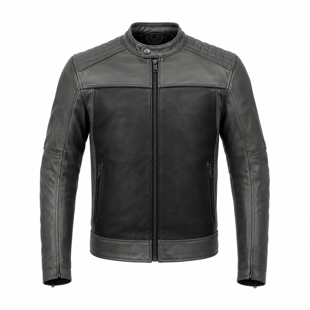 quilted shoulder leather jacket – Graphite Grid Quilted-Shoulder Leather Jacket front view