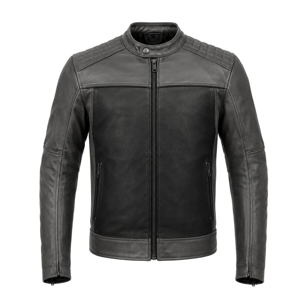 quilted shoulder leather jacket – Graphite Grid Quilted-Shoulder Leather Jacket front view