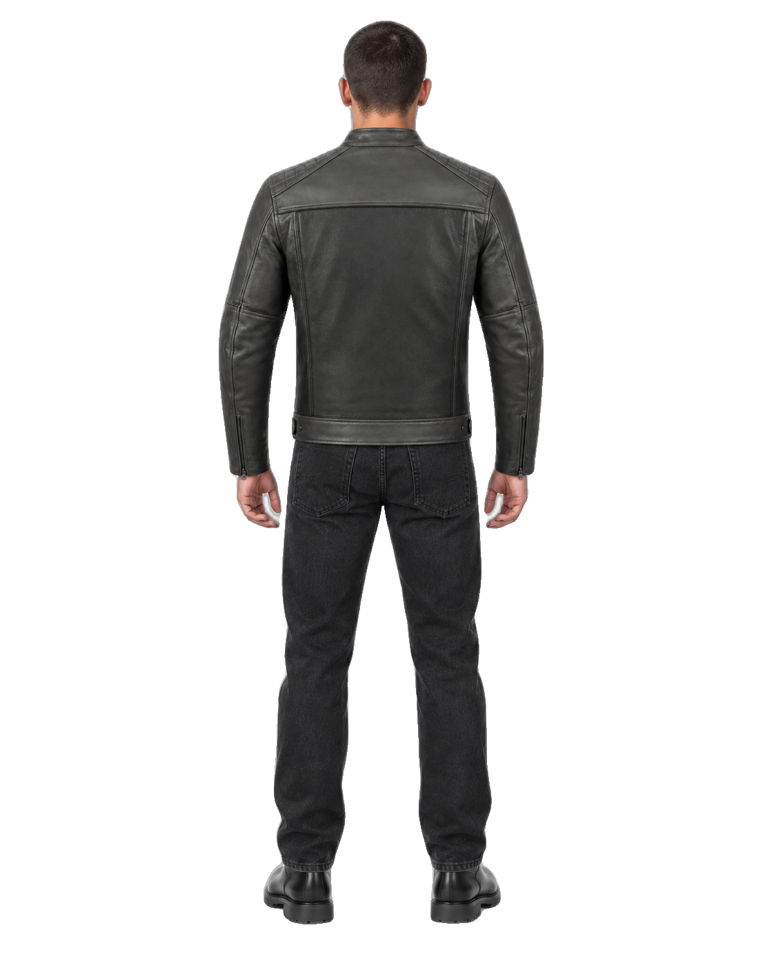 Graphite Grid Quilted-Shoulder Leather Jacket back view on male model with transparent background