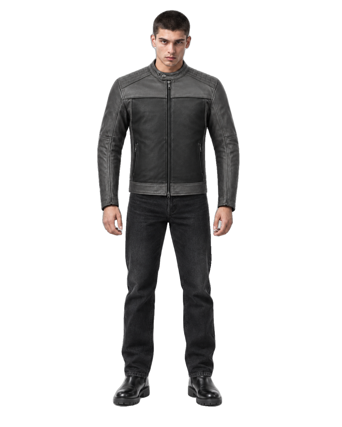 Graphite Grid Quilted-Shoulder Leather Jacket front view on male model with transparent background