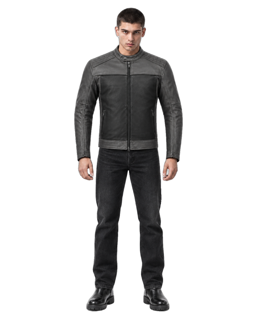 Graphite Grid Quilted-Shoulder Leather Jacket front view on male model with transparent background